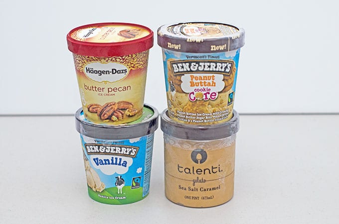 Pints of ice cream from haagen dazs, ben and jerry's, and Talenti.
