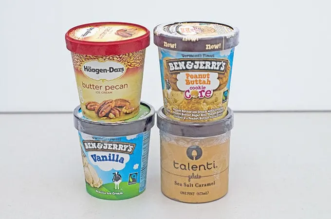 Pints of ice cream from haagen dazs, ben and jerry's, and Talenti.