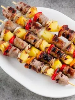 Bratwurst Kebabs Recipe With Potatoes And Peppers Pics - on the platter