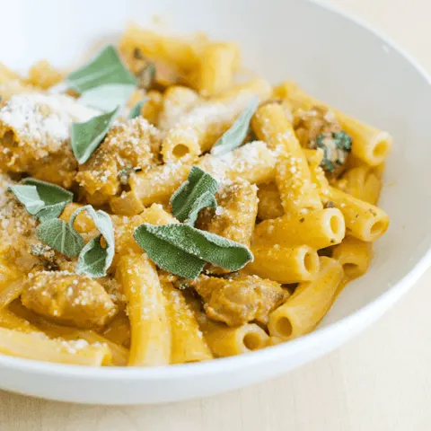 Spicy pumpkin sausage pasta pin.