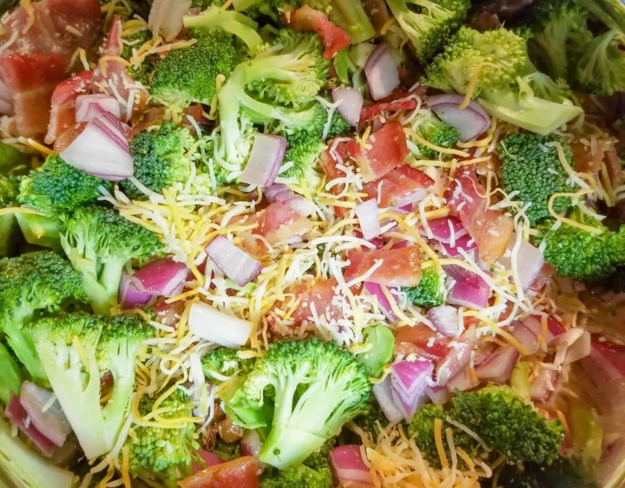 close up of undressed broccoli salad in a stainless steel bowl
