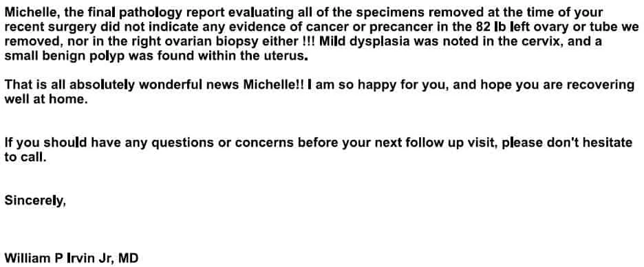 copy of a letter from the surgeon telling a person if she has ovarian cancer after surgery