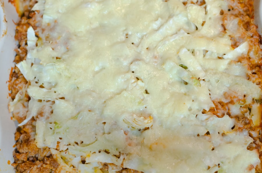 overhead shot of Creamy Unstuffed Cabbage Roll Casserole Recipe baked in the casserole dish