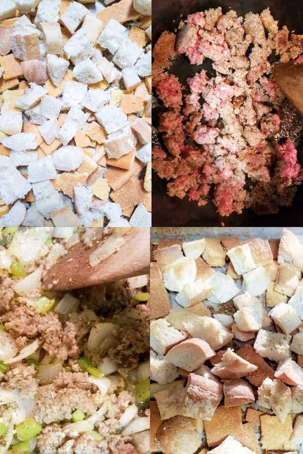 showcasing steps to make the sausage cornbread dressing recipe including cubing the bread, browning the sausage, sauteeing the vegetables, and toasting the bread