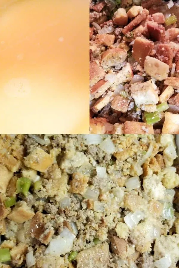 Showcasing steps to make the sausage cornbread dressing recipe including warming the broth, mixing everything together and putting into a casserole dish