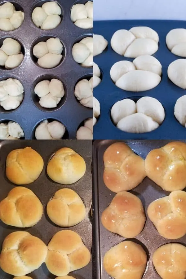 Homemade Cloverleaf Rolls Recipe showing the dough rising in the muffin tin and baked