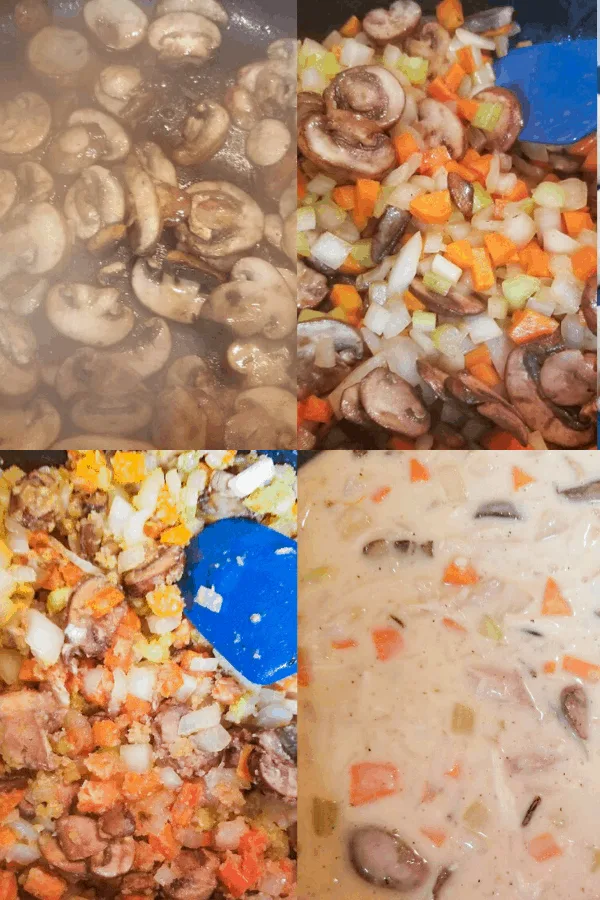 Turkey Wild Rice Soup Recipe photo showing the steps to make the soup: browning mushrooms, sauteeing veggies, making roux and adding liquids