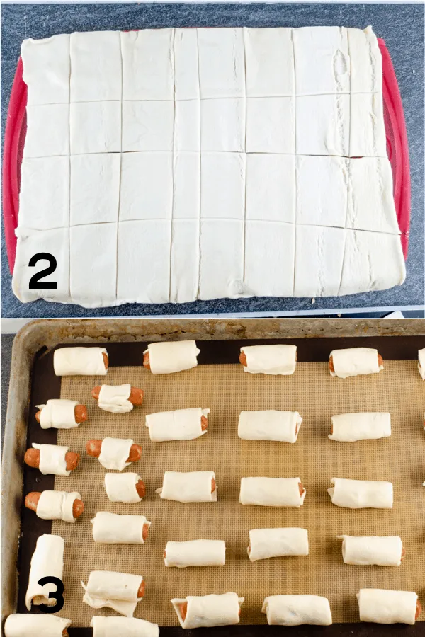 steps 2 and 3 of making the recipe are pictured:  cutting the puff pastry and the pigs in a blanket rolled and seam side down on a silpat on a baking sheet