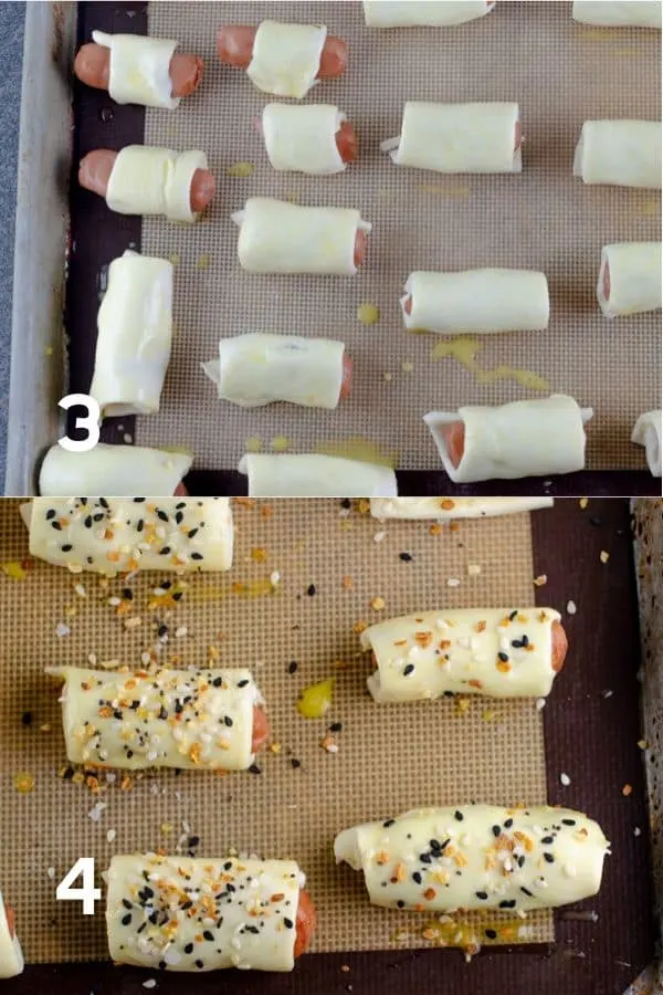 steps 3 and 4 of the recipe - rolled pigs in a blanket brushed with egg wash and then sprinkled with everything bagel seasoning mix