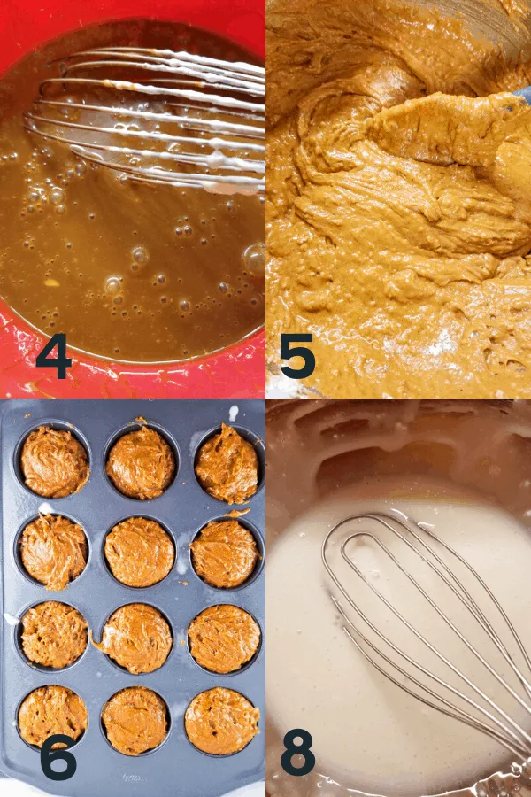 steps 4 to 8 to make gingerbread muffins including whisking together wet ingredients, finishing the batter, pouring into the muffin tin, and making the lemon glaze