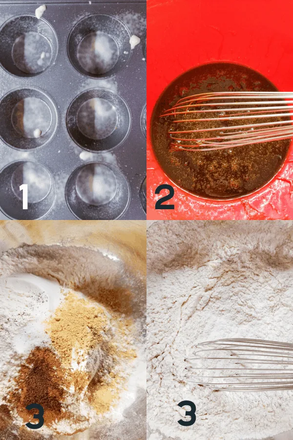 steps to make gingerbread muffins including greasing the muffin tin, melting the butter in the molasses, and whisking together the dry ingredients.