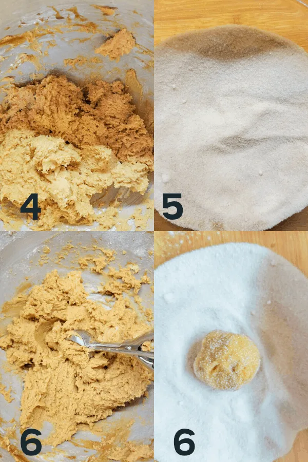 More steps to make the Crispy Ginger Molasses Cookies Recipe including finishing making the dough, making the cinnamon sugar, forming the dough into balls, and rolling the balls into the cinnamon sugar.