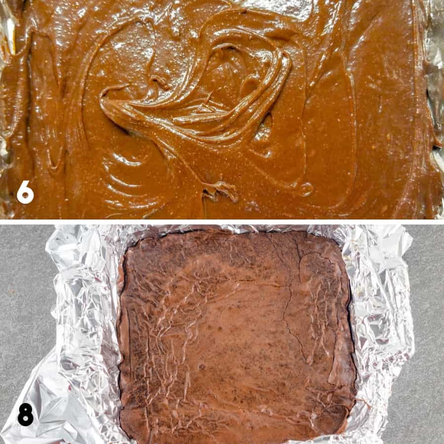 A collage showing steps 6 and 8 of the recipe including pouring the batter into the pan and then cooling completely after baking
