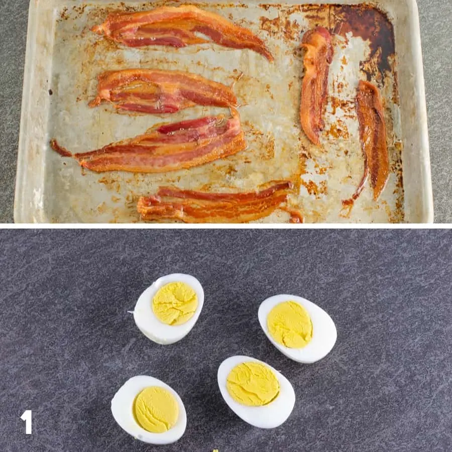 first steps of making bacon deviled eggs including baking bacon slices on a quarter sheet pan and slicing hard boiled eggs in half