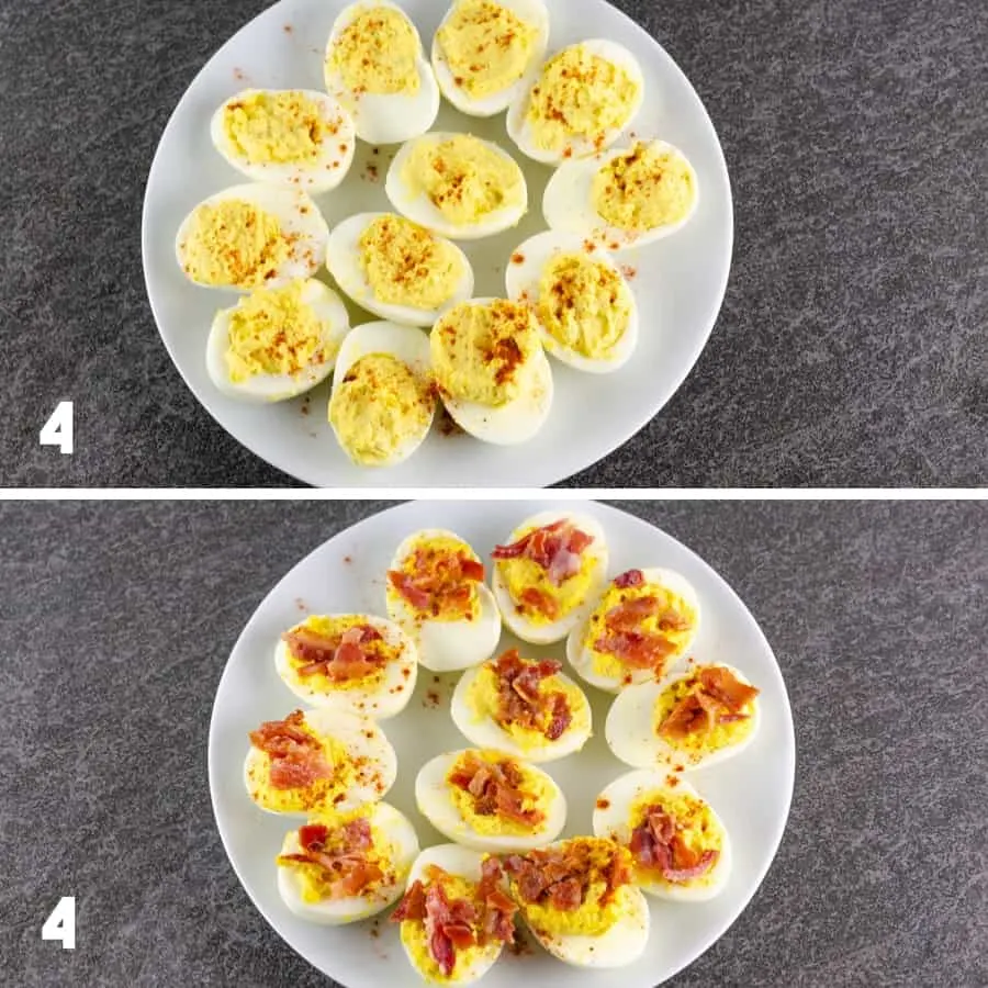 forth set of steps to making bacon deviled eggs including sprinkling with cayenne and then the crumbled bacon
