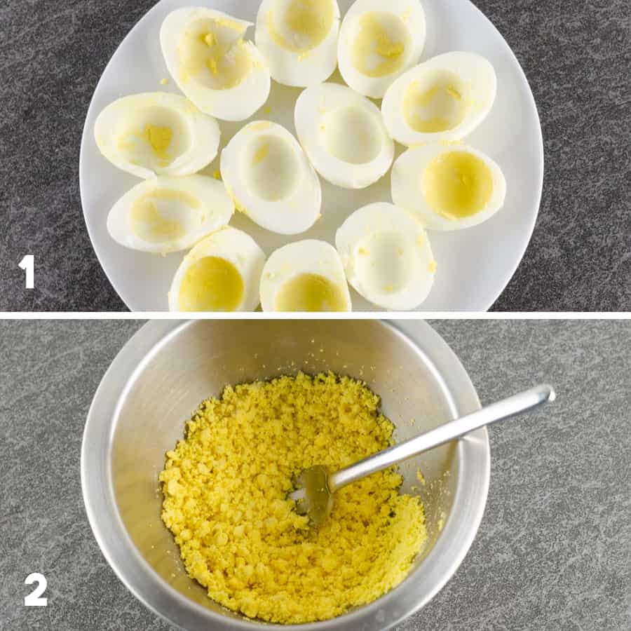second steps of making deviled eggs including mashing yolks with a fork and placing egg whites on a serving plate