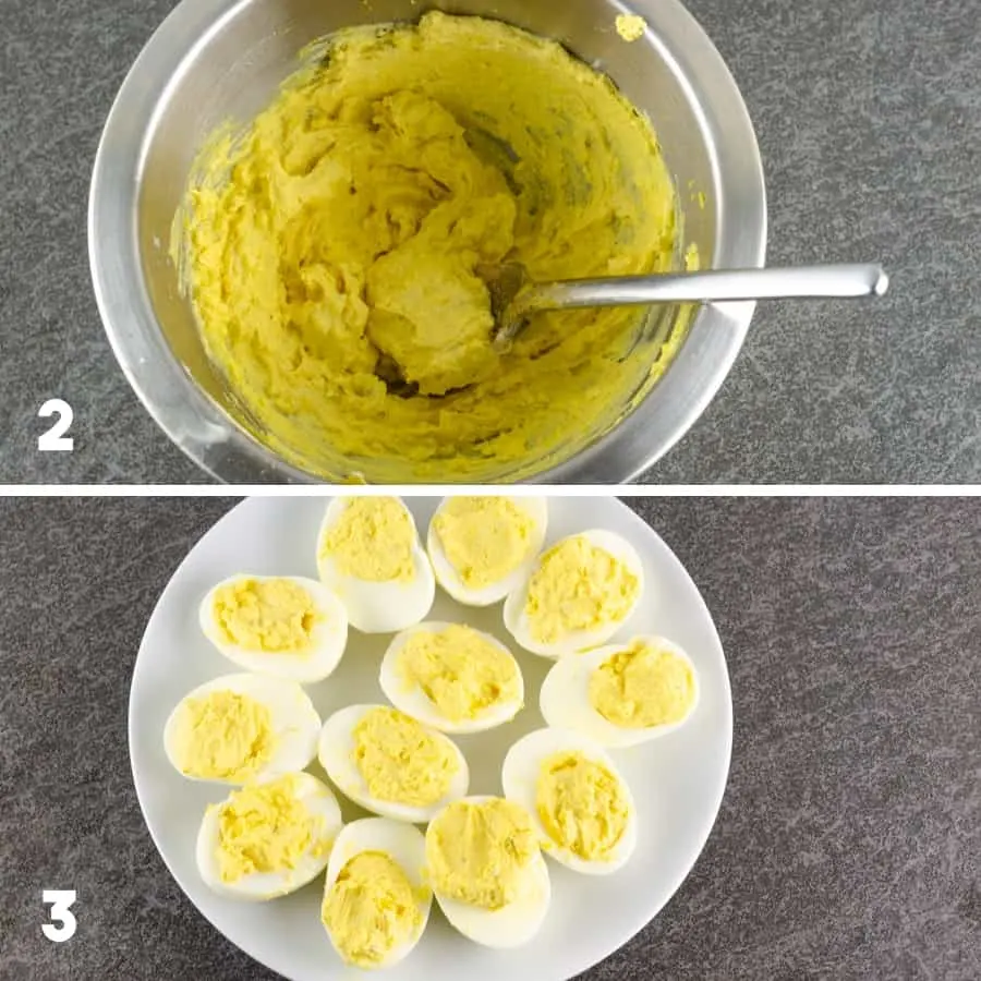 third set of steps to make bacon deviled eggs including mixing filling ingredients together in a mixing bowl and then spooning the filling into the egg whites