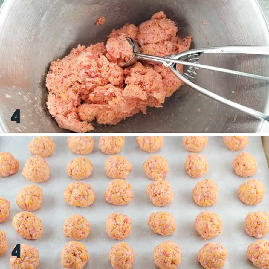 steps to make sausage balls including scooping and rolling into balls placing on the lined baking sheet