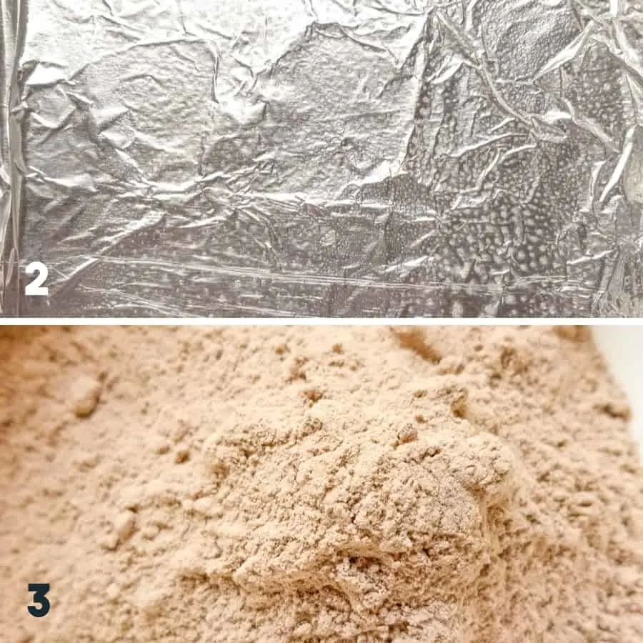 A collage including step 2 of the recipe to grease the pan and step 3 to pour the boxed browne mix into a bowl.