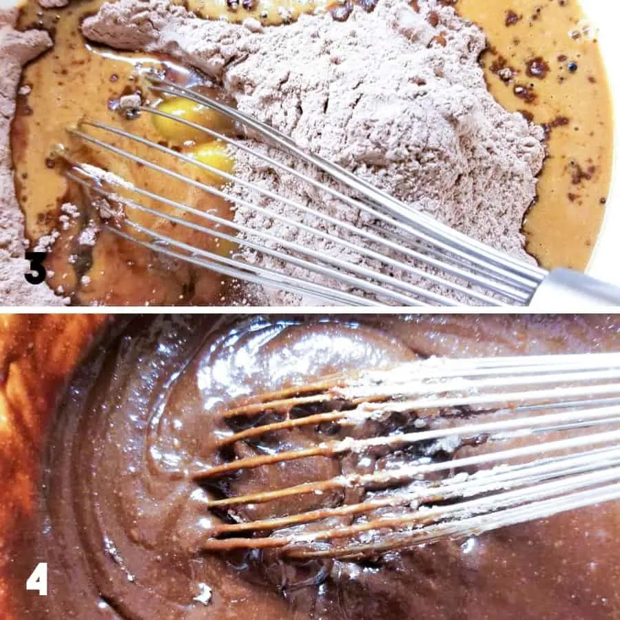 A collage showing step 3 and 4 of the recipe including adding the eggs and liquids and mixing them together.