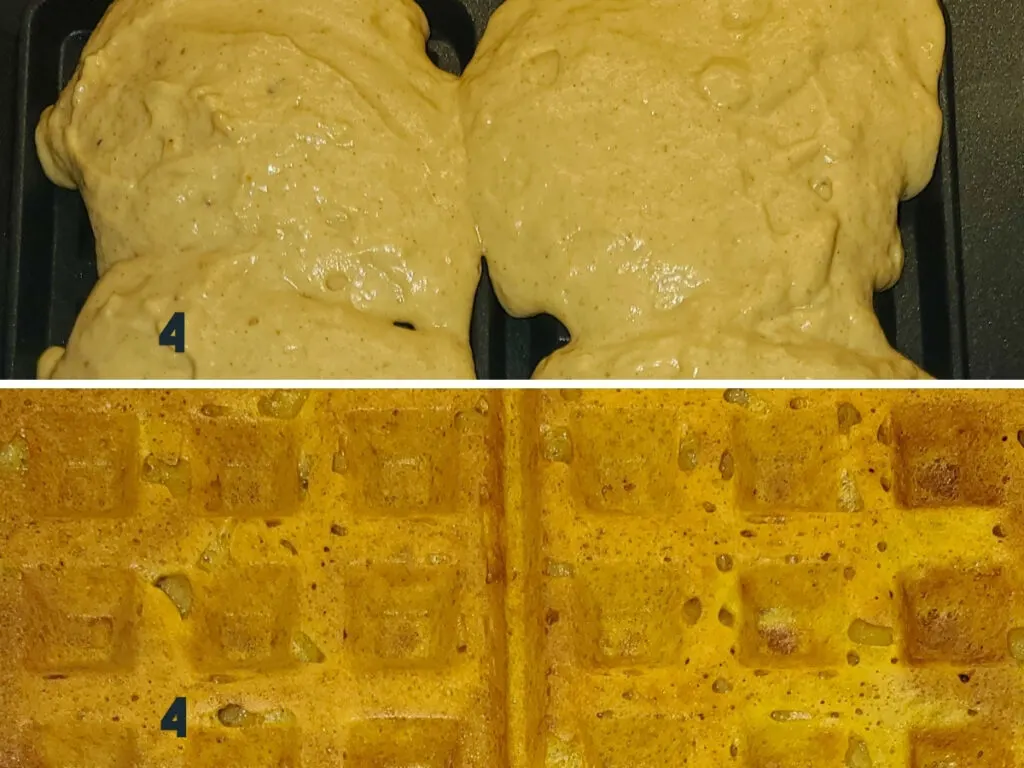 a collage showing the batter being poured into the waffle iron and what the waffles look like after being cooked