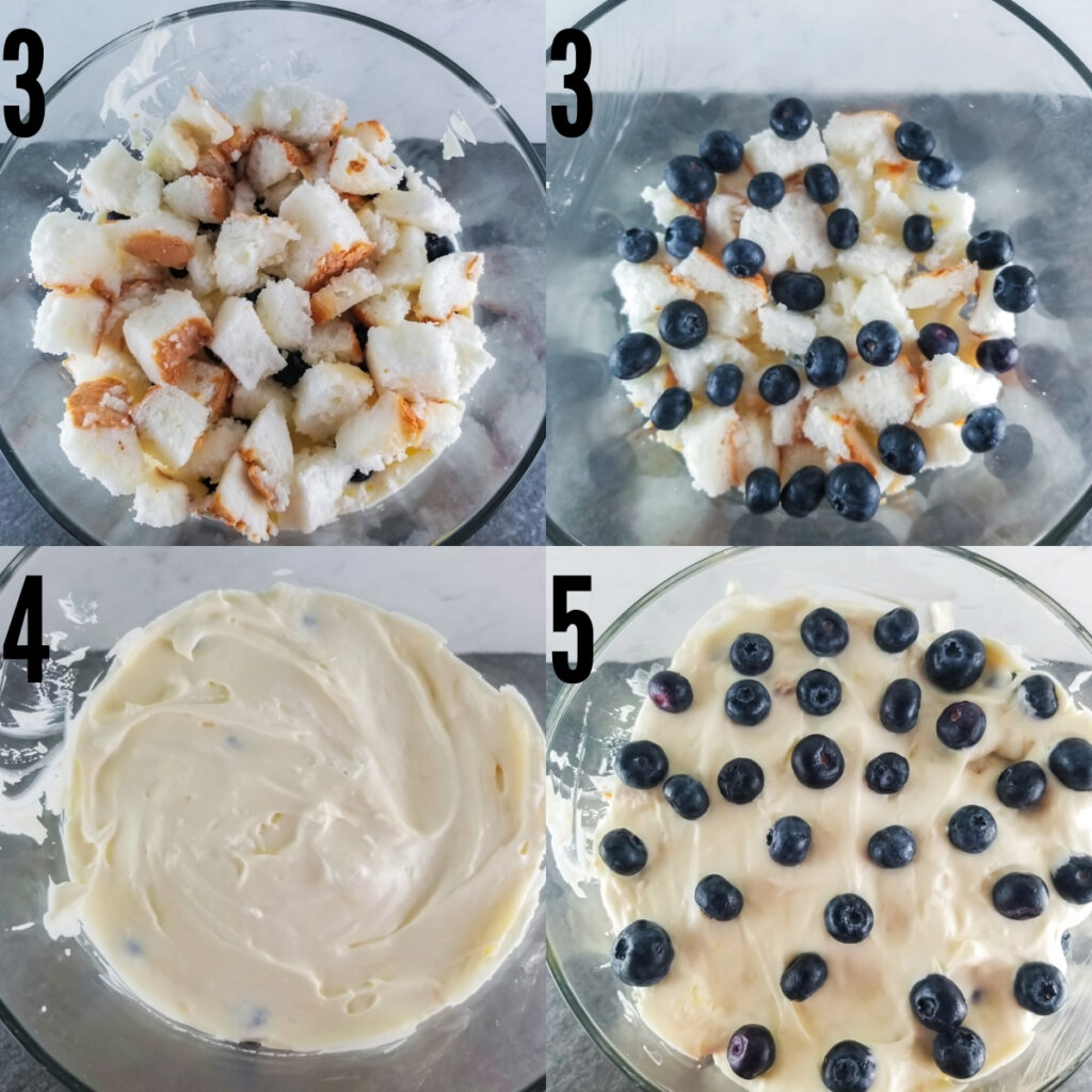 next set of steps to preparing the trifle including making layers of cake, blueberries, filling, blueberries and repeating
