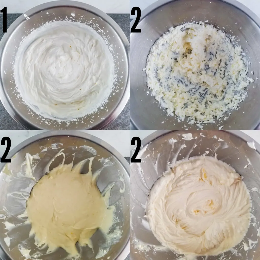 preparation steps: making homemade whipped cream, then beating cream cheese, then adding lemon curd to cream cheese, and lastly adding whipped cream to the previous mix for the finished filling