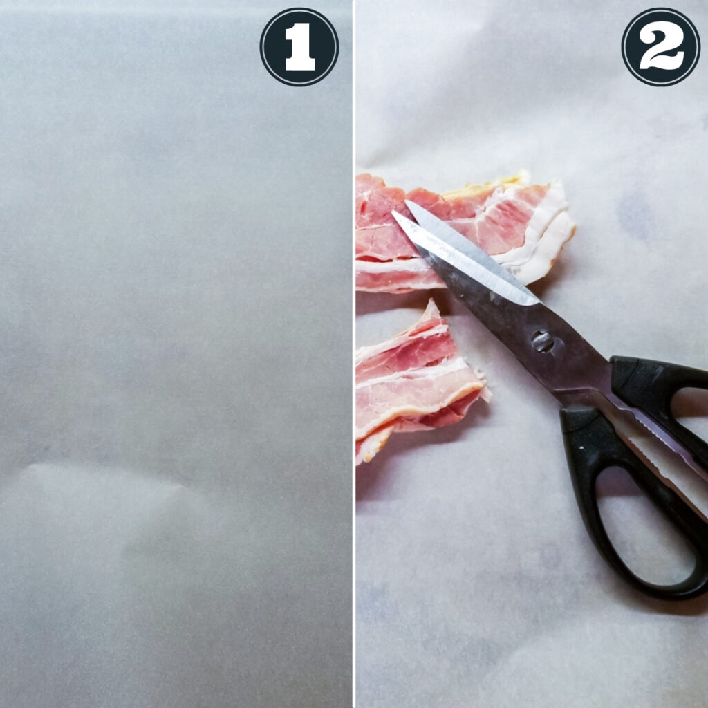 directions to make little smokies including lining pan with parchment and slicing bacon into pieces