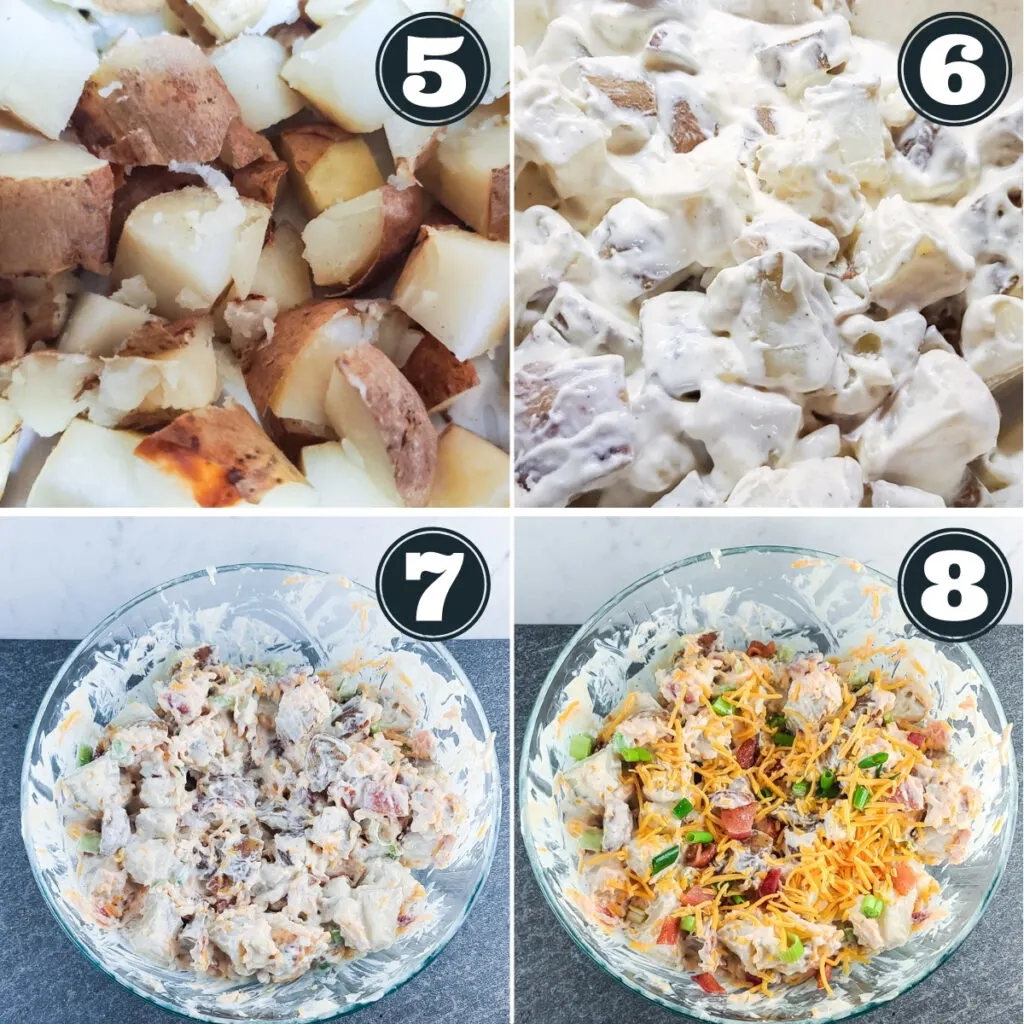 steps 5 through 8 of preparing the potato salad including: cutting the potatoes into bite-sized chunks, mixing the dressing and potatoes together, adding the onions, bacon, and cheese, and then garnishing before serving
