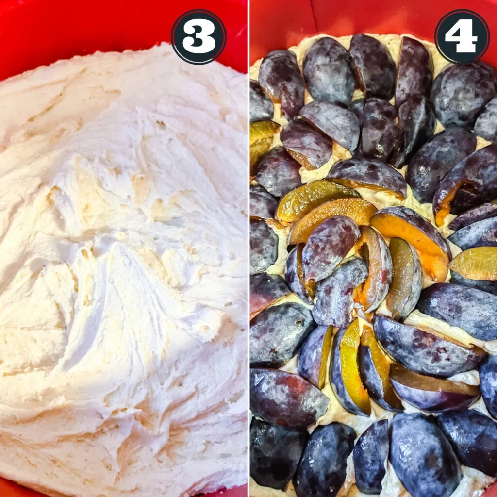 third and forth steps of making cake including smoothing batter in pan and topping with plums