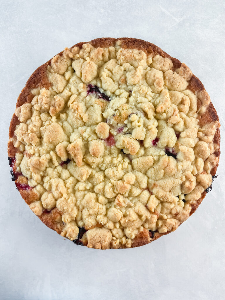 German Plum Crumble Cake Recipe baked and ready to serve on a concrete background