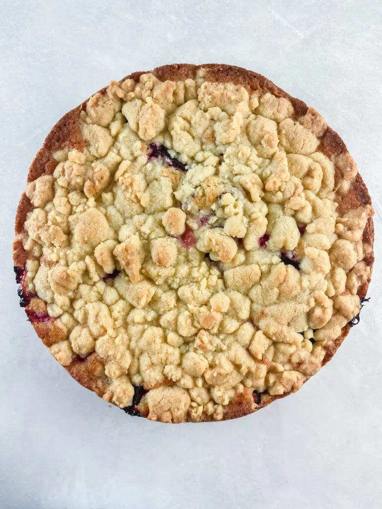 German Plum Crumble Cake Recipe baked and ready to serve on a concrete background