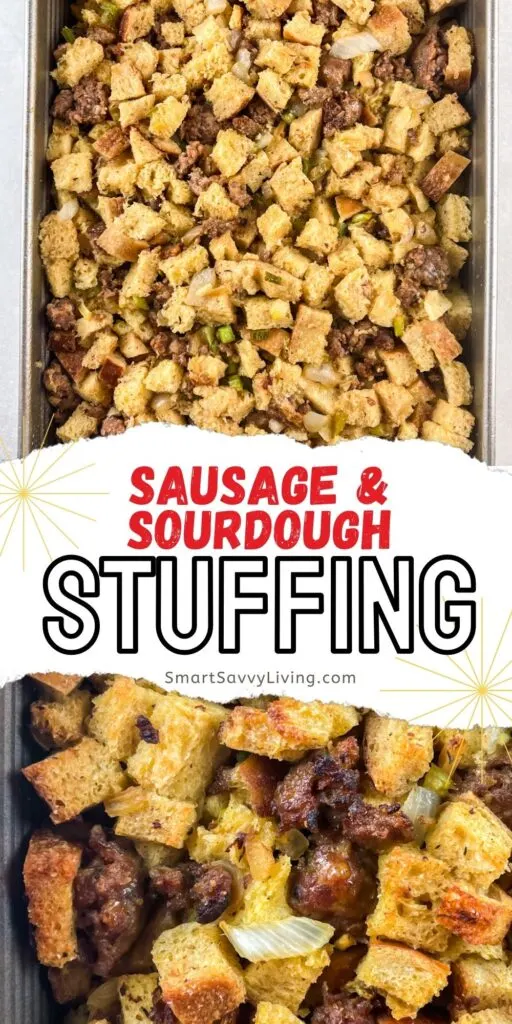 pinterest image for sausage and sourdough stuffing