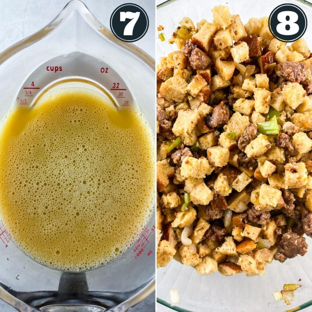 mixing together eggs and broth in a 4 cup measuring cup and mixing into the bread and meat mixture