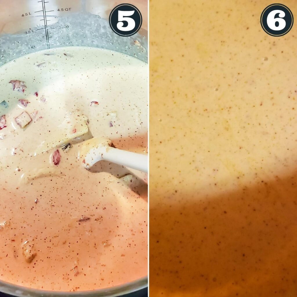 Continuing to melt cheese and finished queso in the pot steps.
