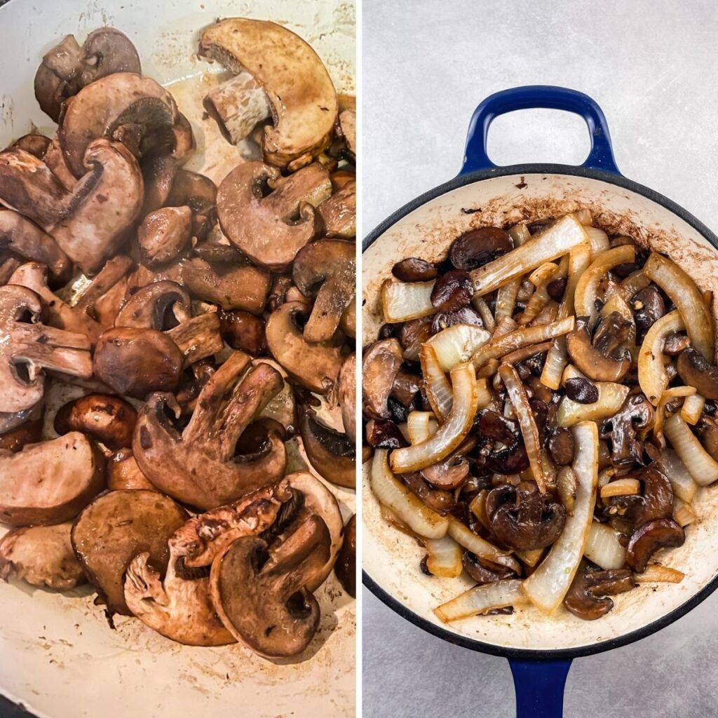 second steps to making the recipe: sauteeing mushrooms and then adding onions and sauce