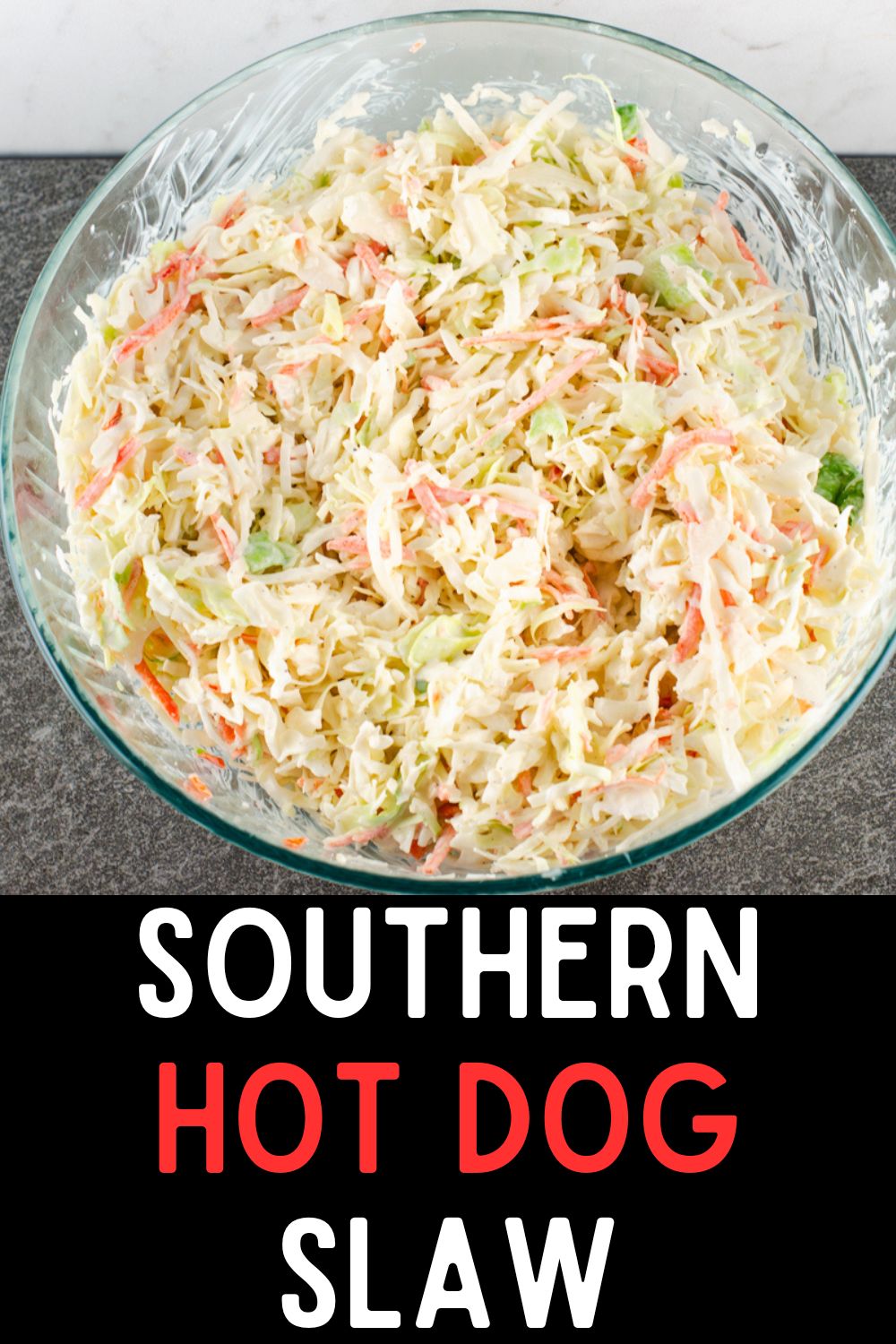 Glass bowl filled with prepared southern hot dog slaw
