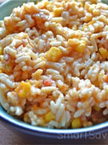 closeup of a serving bowl filled with Rotel Mexican Rice