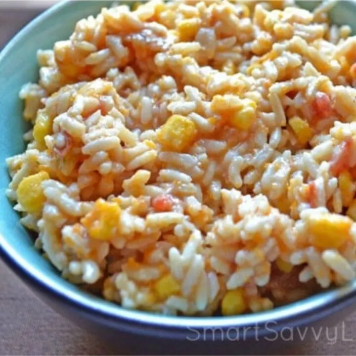 closeup of a serving bowl filled with Rotel Mexican Rice