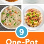 Pinterest collage with a variety of one pot soup recipes.