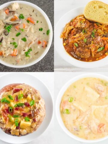 A collage of four one-pot soup recipes.