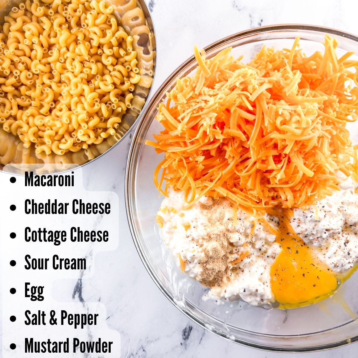 Ingredients used to make the baked macaroni and cheese in bowls.