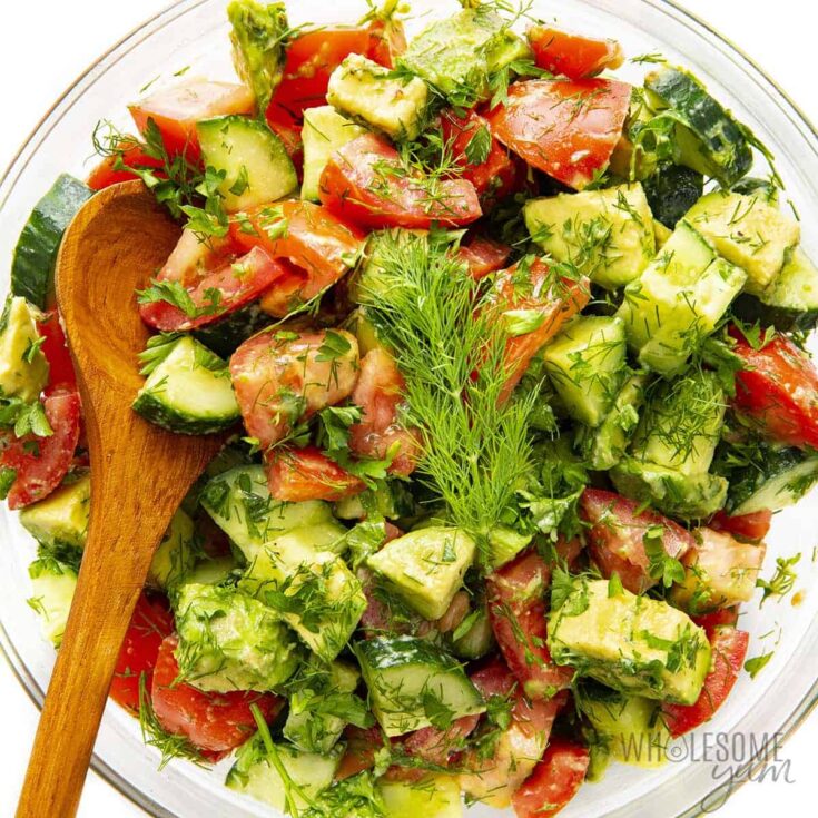 Image for Cucumber Tomato Avocado Salad - Wholesome Yum - Easy healthy recipes. 10 ingredients or less.